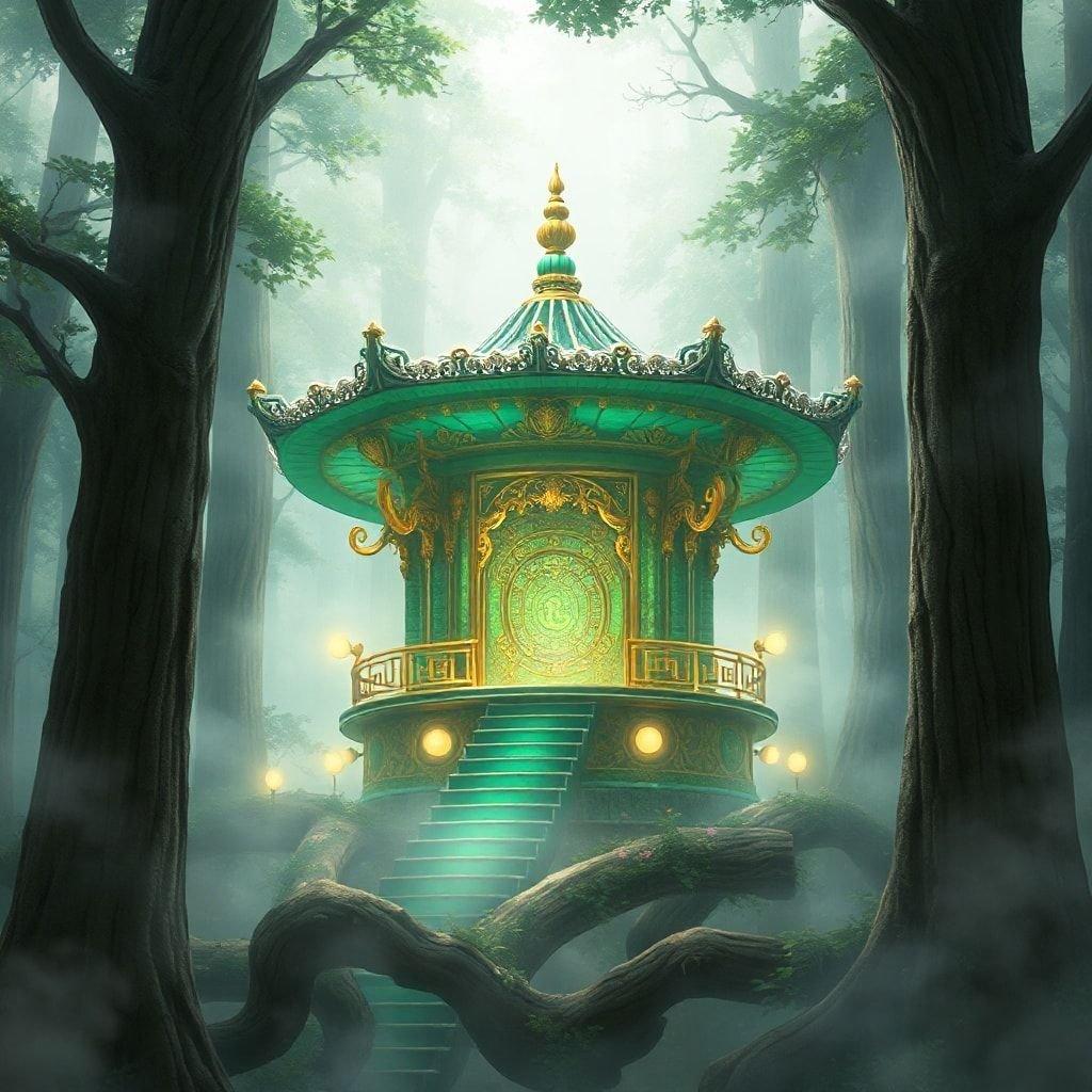 Immerse yourself in the enchanting world of anime with this stunning wallpaper, featuring a detailed shrine surrounded by a misty forest. The intricate patterns and harmonious blend of nature and technology create a captivating scene that will transport you to a realm of wonder.