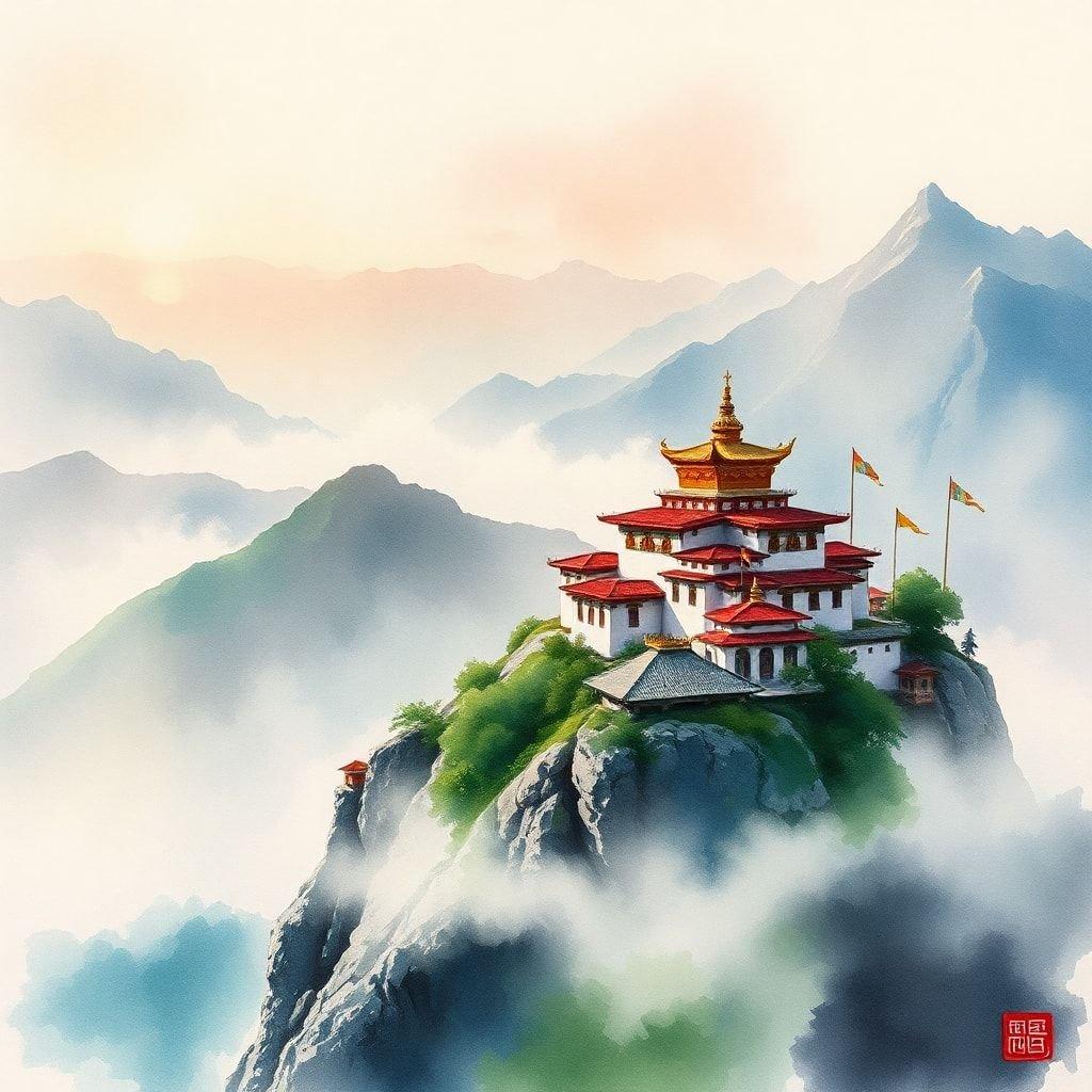 Sacred red and gold temple stands tall on rocky cliff, with majestic mountains in background, overcast sky adds to serene beauty.