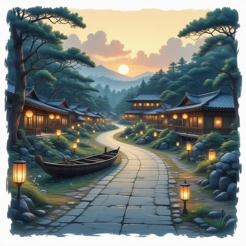 Diese Anime-Illustration fängt die ruhige Schönheit eines traditionellen japanischen Dorfes bei Sonnenuntergang ein, mit dem warmen Schein von Laternen, die den Weg beleuchten. Die Szene spielt vor der Kulisse einer gewundenen Straße, die zu einem geheimnisvollen Gebäude führt, umgeben von einem üppigen Wald mit Bäumen und Sträuchern. Im Vordergrund befindet sich ein kleines Holzboot mit einem roten Dach, das zur ruhigen Atmosphäre beiträgt.