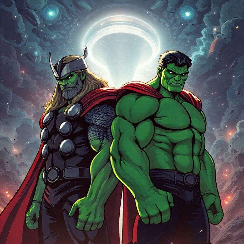 Este papel de parede apresenta dois personagens icônicos do universo Marvel, Thor e Hulk, em uma pose dinâmica que destaca sua força e poder.