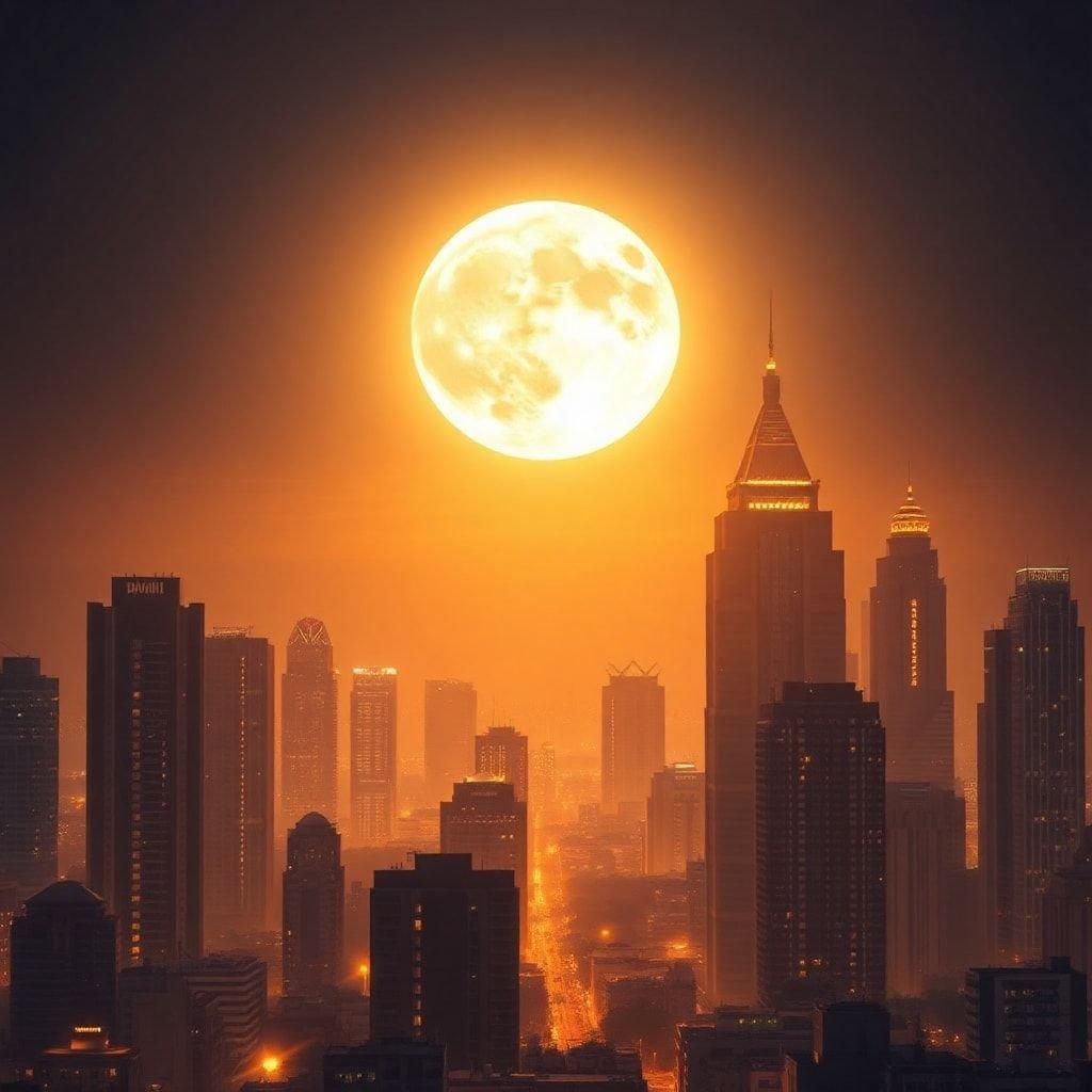 A breathtaking view of the Ramadan full moon hanging high above a bustling city skyline, illuminating the urban landscape below. The serene celestial body contrasts with the vibrant city lights as the sun sets, marking the start of a new day in the month of reflection and spiritual growth.