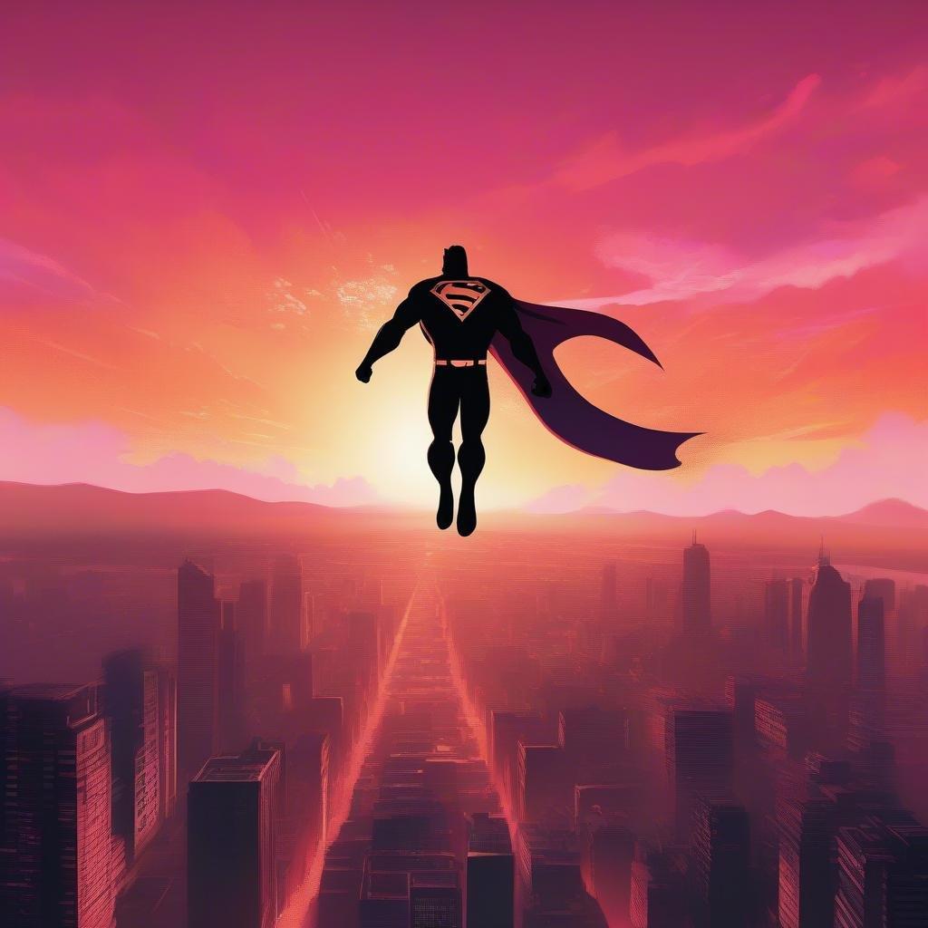 Superman in flight over city during sunset, with glowing skyline. Vibrant illustration.