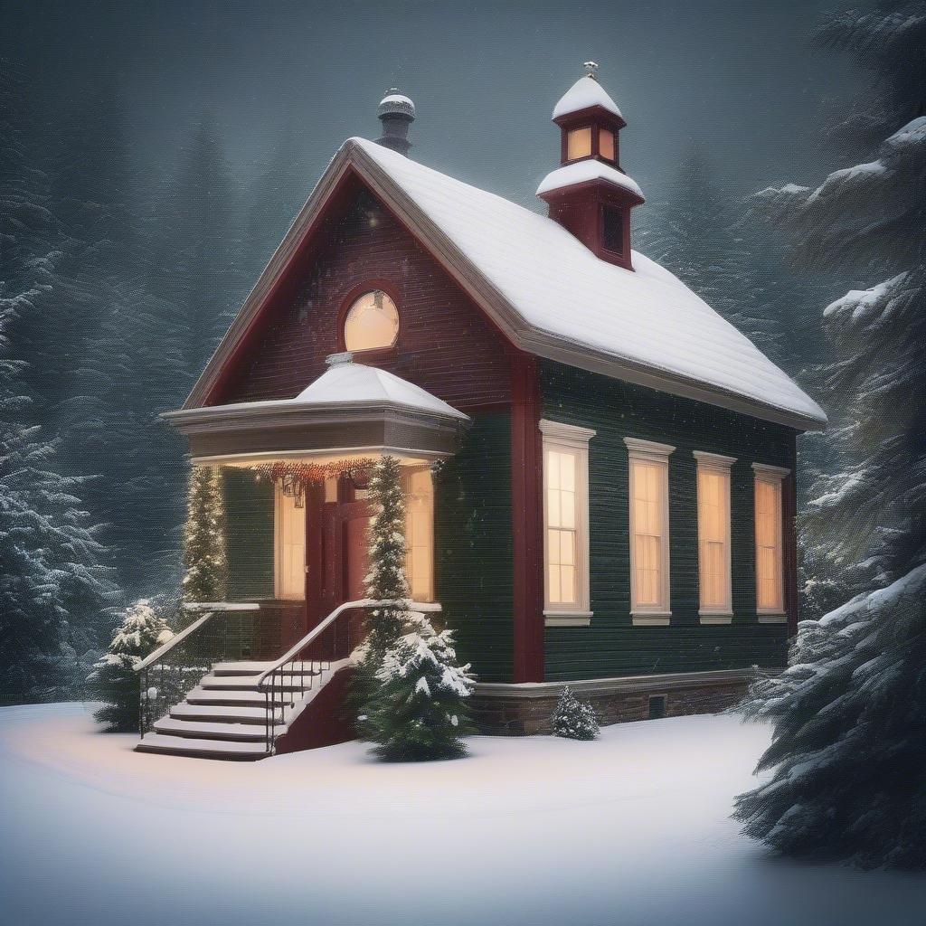 A quaint country schoolhouse, covered in a dusting of snow, stands ready to welcome the holiday season. The warm glow from festive decorations lights up the night, creating an inviting atmosphere that brings joy and cheer.