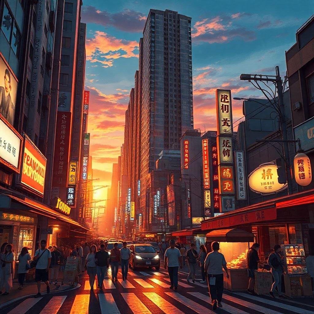 Bustling city street in Japan, illuminated by neon lights against a dramatic sunset.