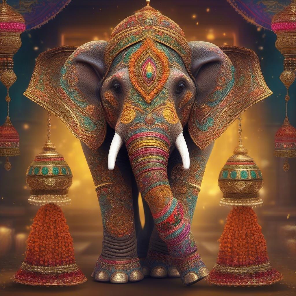 Celebrate the joyous festival of Diwali with this vibrant wallpaper featuring a majestic elephant adorned in traditional Indian colors. The elephant, symbolic of strength and wisdom, is embellished in rich hues of gold, blue, green and red, evoking the festive spirit. The intricate designs on its body reflect the artistic craftsmanship of Diwali decorations, while the temple-like structure with lit candles and lamps in the background adds to the spiritual atmosphere. This wallpaper is perfect for brightening up your desktop or mobile device during the festive season, bringing a touch of colorful celebration to your daily routine.