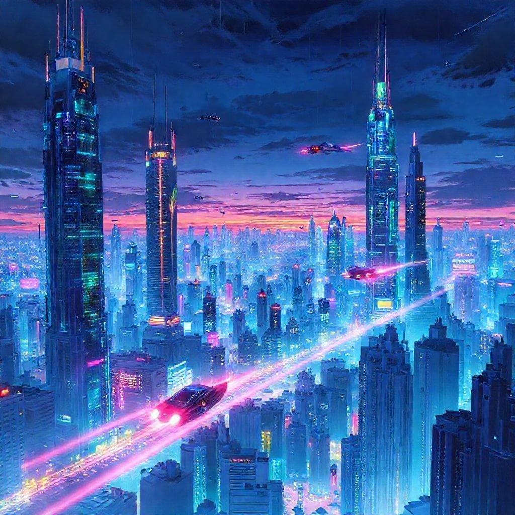 Uno skyline di città futuristica affollata al crepuscolo, con grattacieli torreggianti illuminati da luci al neon. Le auto volano sopra le strade, creando un senso di movimento dinamico nel contesto metropolitano.