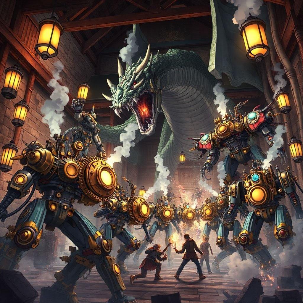 Get ready for an epic anime battle with steampunk mechs and a giant dragon in this stunning wallpaper.