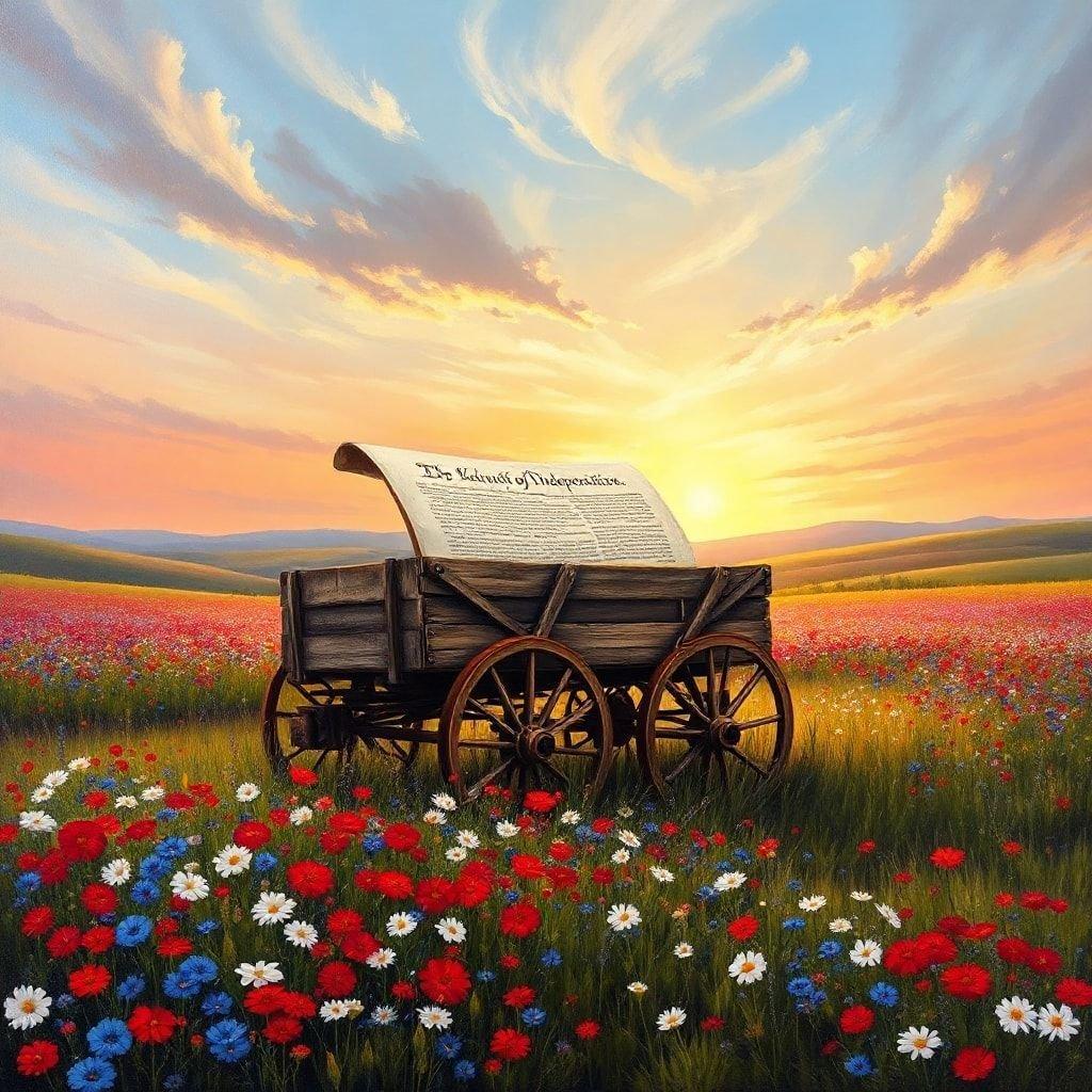 A vibrant Independence Day-themed wallpaper with a horse-drawn carriage and the Declaration of Independence in the backdrop of a beautiful sunset.