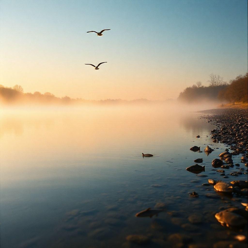 Una scena tranquilla al tramonto in cui due uccelli volano sopra un lago sereno. I colori caldi del cielo si riflettono sull'acqua calma mentre la nebbia inizia a sollevarsi dalla riva, creando un ambiente pacifico e pittoresco.