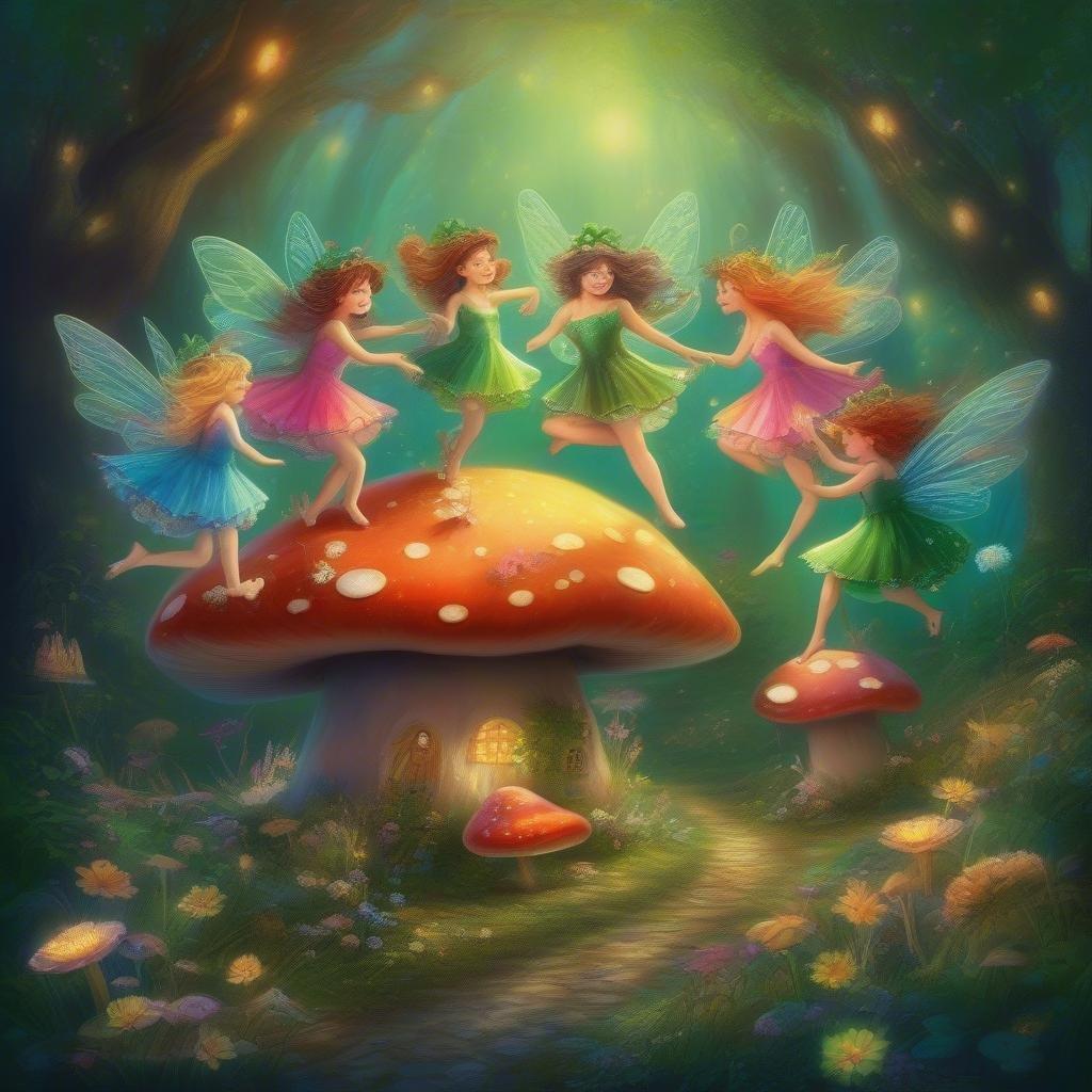 A lively fairy dance in a mystical forest during the magical night of St. Patrick's Day.