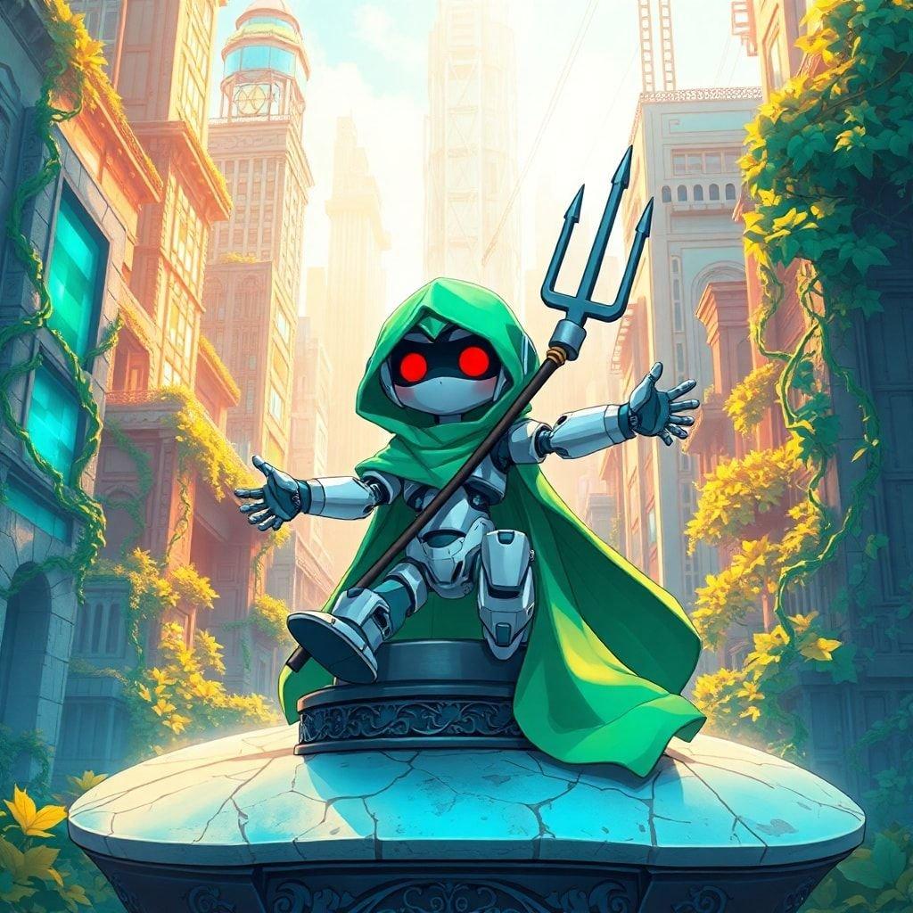 A peaceful, detailed illustration of an anthropomorphic robot, adorned in a green cloak and holding a trident, sits upon a stone platform in a fantasy-filled metropolis.