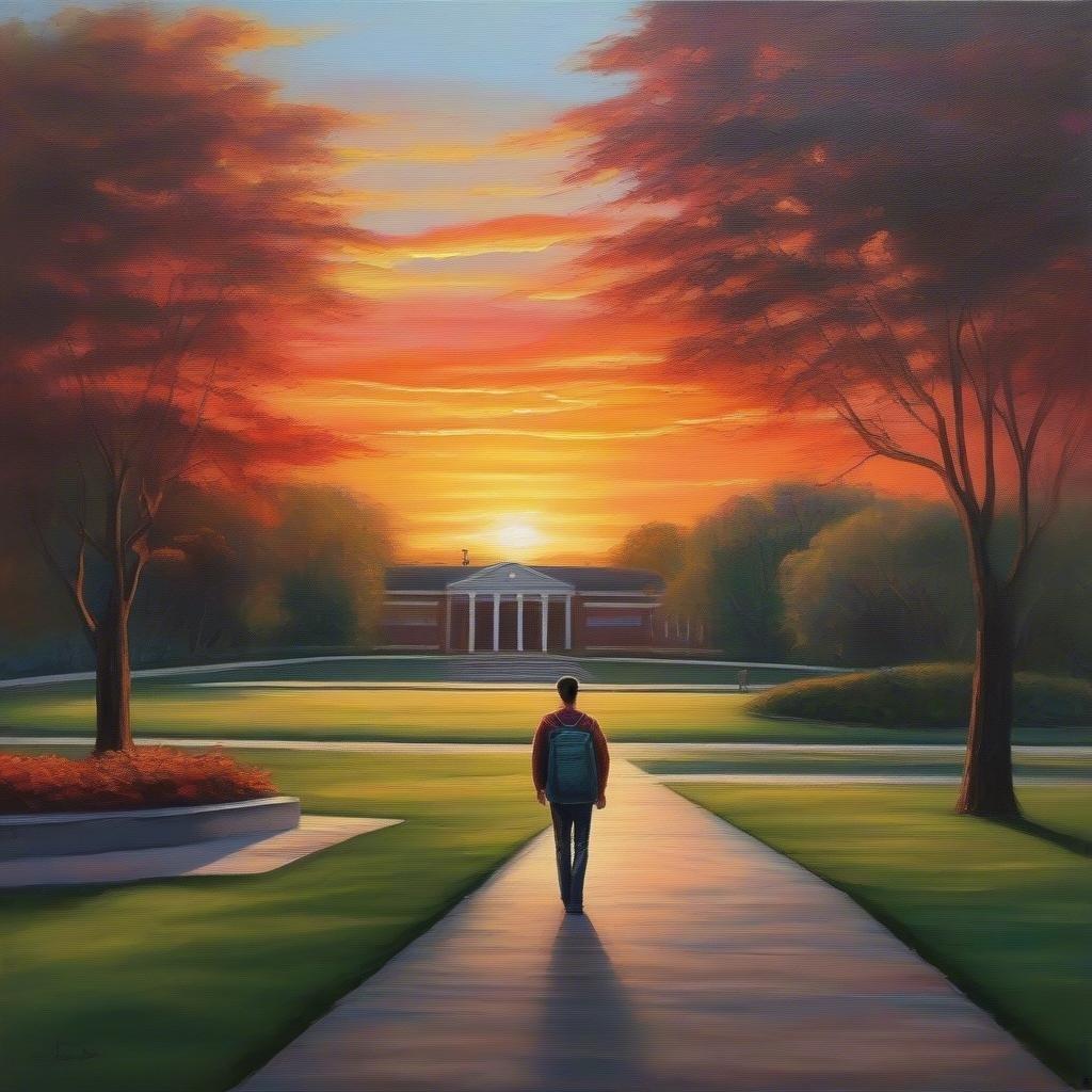 A contemplative graduate pausing on the path to future, as the sun dips below the horizon and the campus basks in the warm glow.