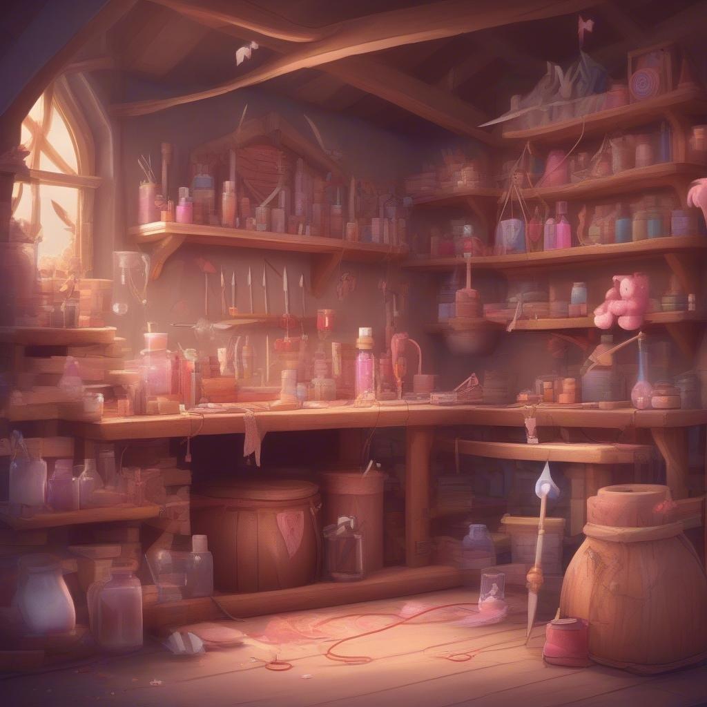 A whimsical alchemist's laboratory filled with love potions, perfumes and concoctions for a magical Valentine's Day.