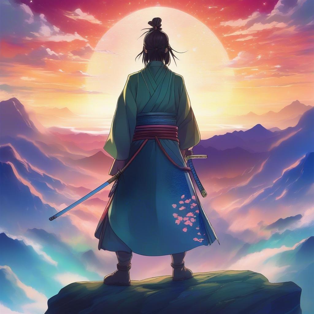 A serene anime illustration of a young samurai standing on a mountain peak, facing the vibrant sunset, with a peaceful expression.