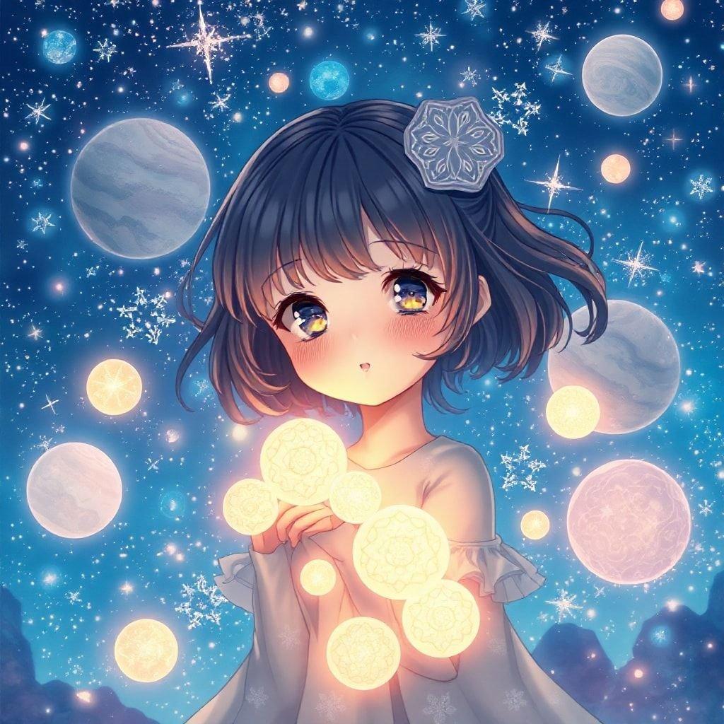 A beautiful anime illustration featuring a young girl with a mystical aura, her face partially hidden by glowing orbs, standing amidst a galaxy of stars and planets.