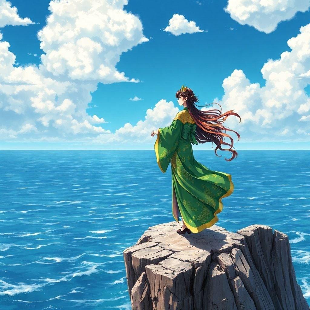 Eine ruhige Anime-Illustration, die eine Frau in einem grünen Kimono zeigt, die auf einer Klippe steht und auf das Meer blickt. Der tiefblaue Himmel und der Ozean schaffen eine friedliche Kulisse, während die vom Wind verwehte Klippe ihrer Figur einen Hauch von Drama verleiht.