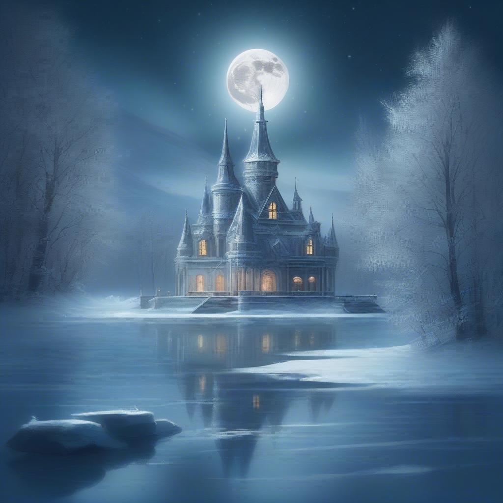 This magical castle sits on the shore of a still lake, bathed in moonlight. The clock tower reaches up to touch the night sky, and the frozen lake reflects the starry expanse above. It's a scene that could be straight out of a fairytale.