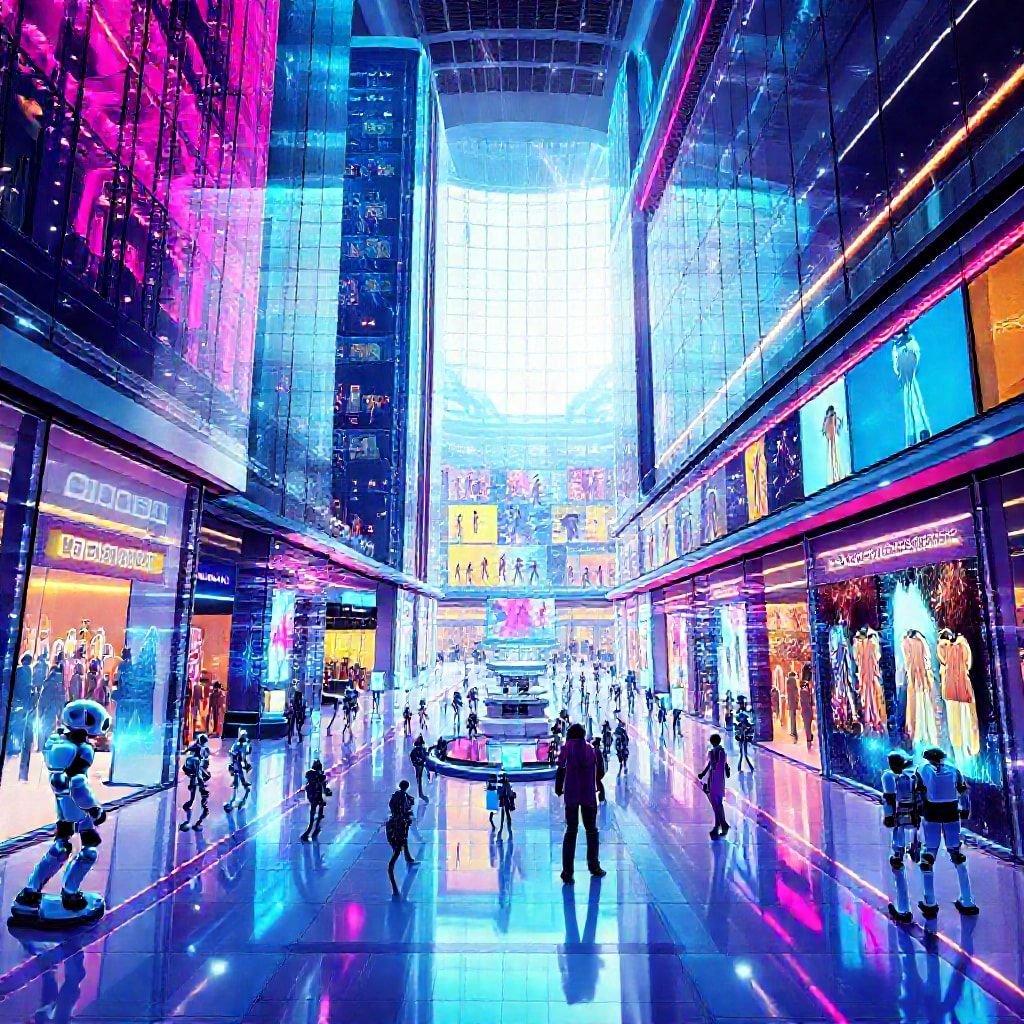 Step into a futuristic shopping scene filled with virtual avatars, neon lights, and state-of-the-art retail experiences. Join the crowd of shoppers as they explore the latest trends in cyber fashion and lifestyle gadgets.