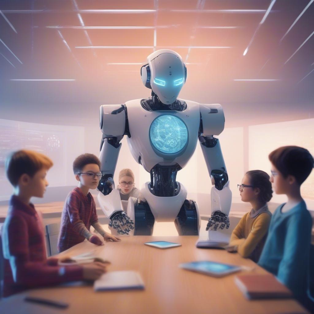 A robot with blue eyes serves as a classroom assistant, interacting with children.