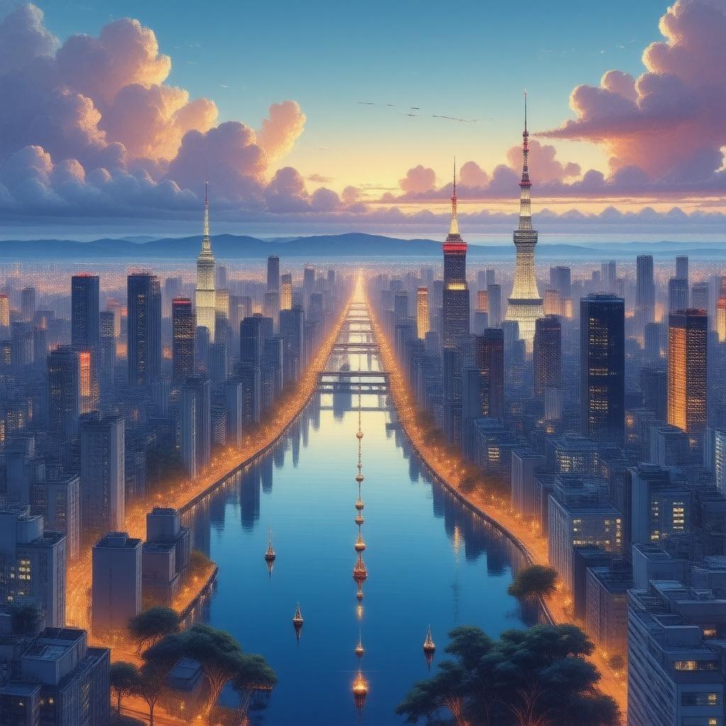 En fantastisk anime-illustration af et futuristisk Tokyo bylandskab ved solnedgang, der fanger et øjeblik af ro og stilhed.