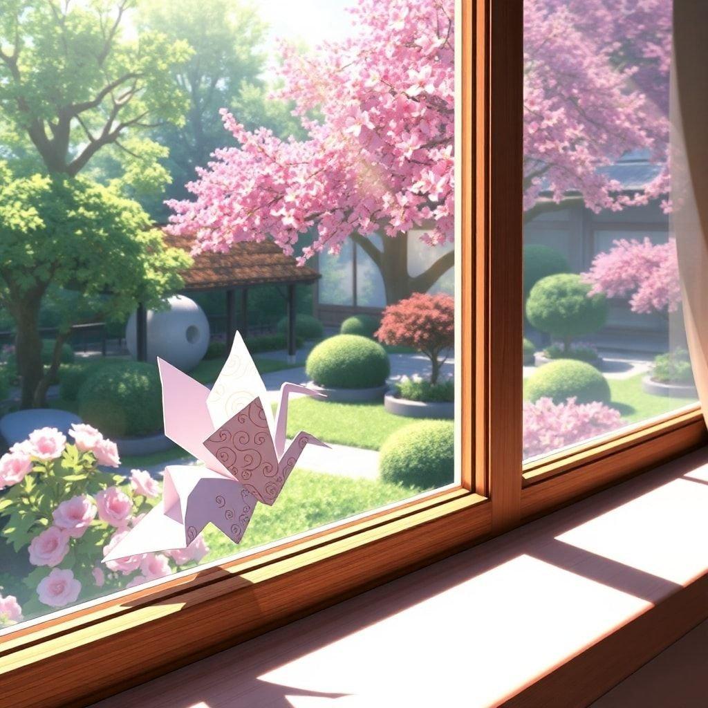 Uma ilustração de anime serena de uma grua de origami empoleirada em um peitoril de janela com vista para um tranquilo jardim japonês, capturando um momento de paz e beleza.