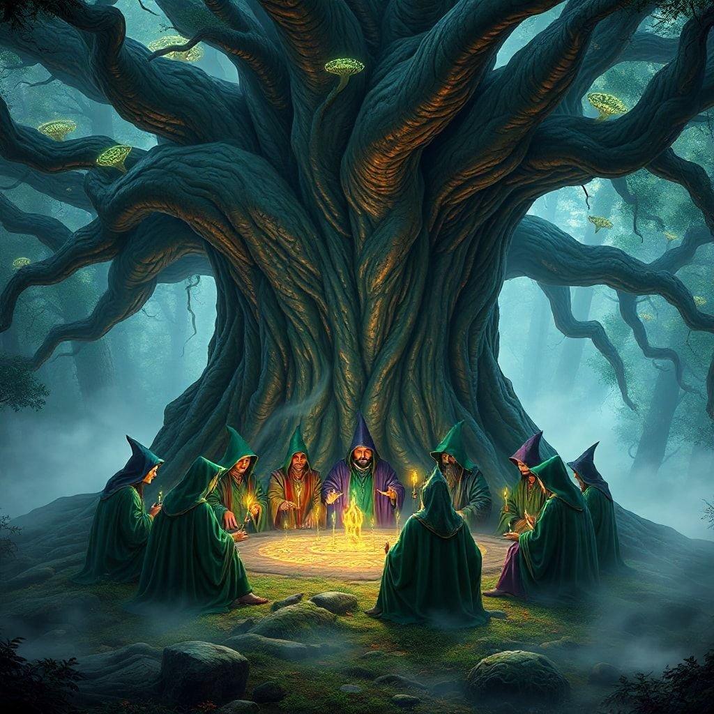 Immerse yourself in the mystical world of fantasy with this captivating wallpaper, where a group of wizards gather around a majestic tree, their robes a vibrant tapestry of colors, as they weave spells and share ancient knowledge.