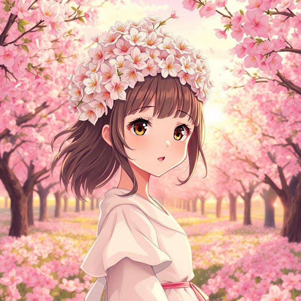 Cette illustration d'anime présente une jeune fille entourée d'un jardin luxuriant de cerisiers, avec des cheveux en cascade de fleurs blanches et roses. La scène vibrante capture un moment de tranquillité, les yeux jaunes chaleureux de la fille et ses douces lèvres roses ajoutant à l'atmosphère sereine.