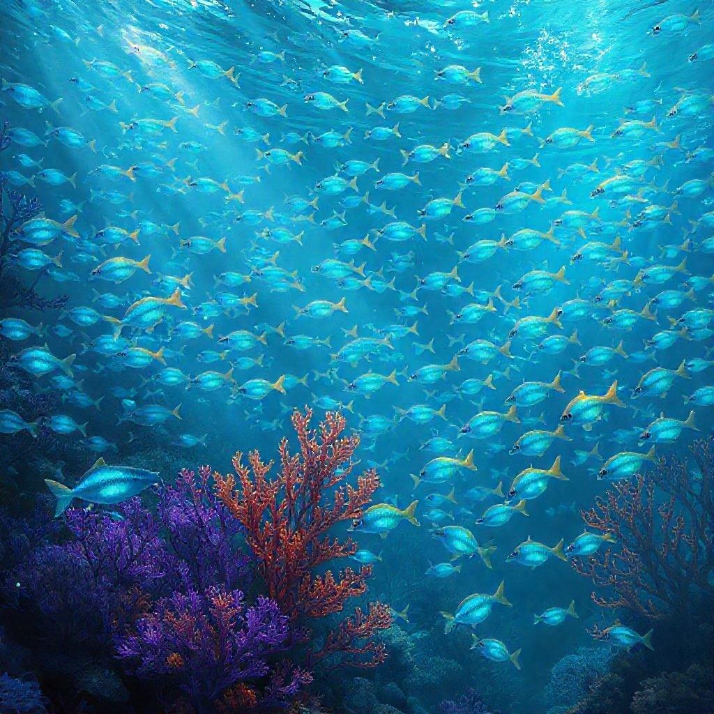 Una vibrante escuela de atunes de aleta amarilla nadando sobre un arrecife de coral, creando una escena oceánica etérea.