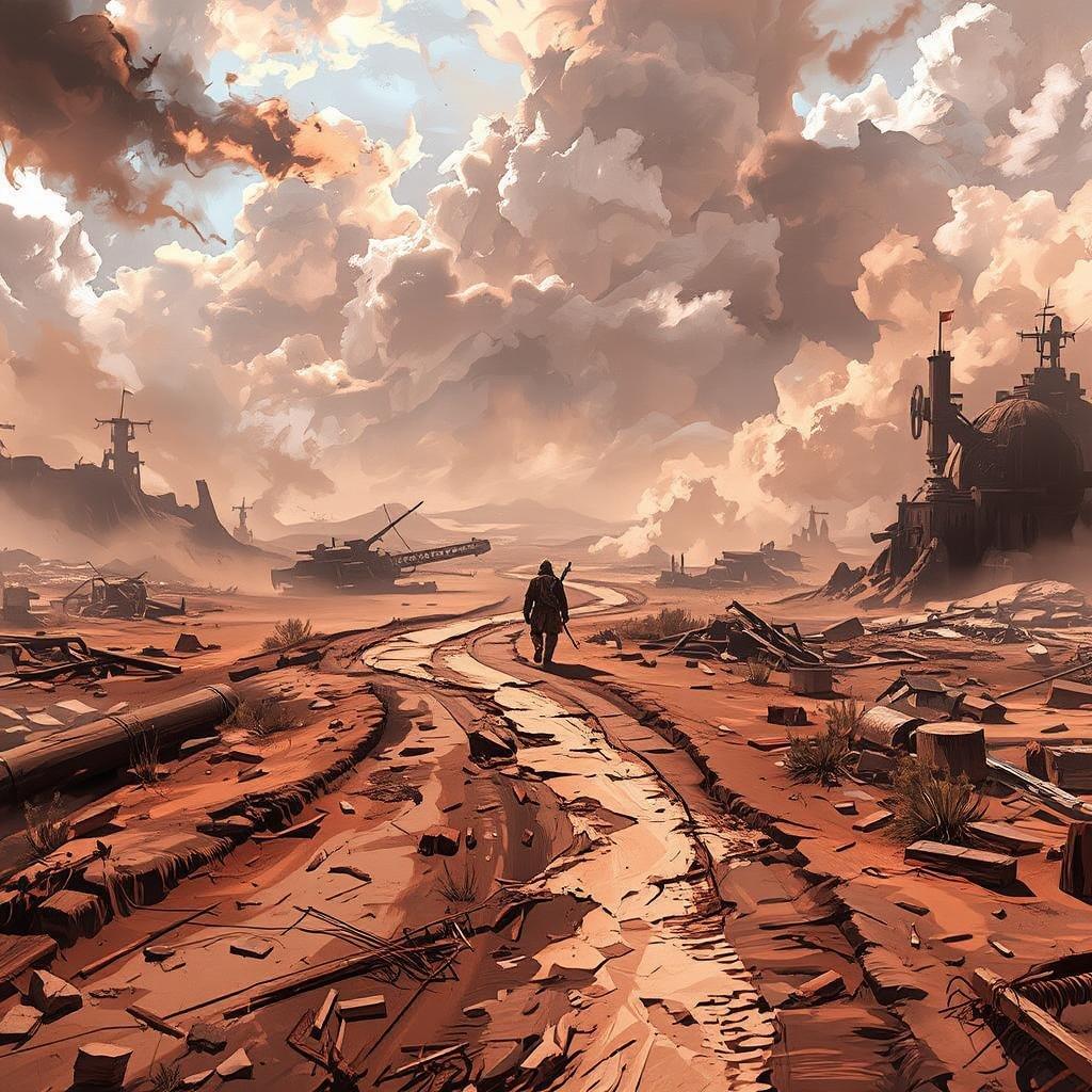 A haunting anime-style illustration of a desolate, post-apocalyptic landscape, with a lone figure walking away from the viewer, amidst the chaos of the wasteland.