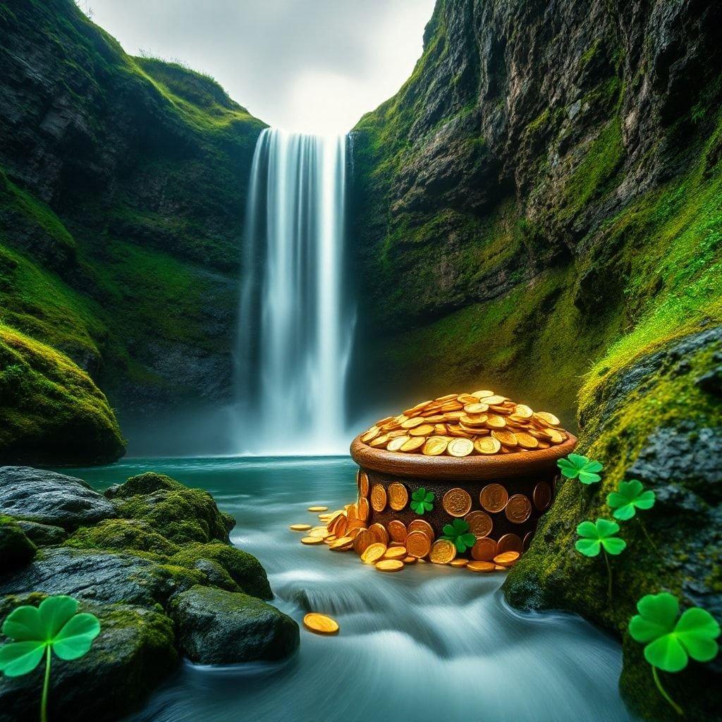 A St. Patrick's Day fantasy scene with a pot of gold by a waterfall.