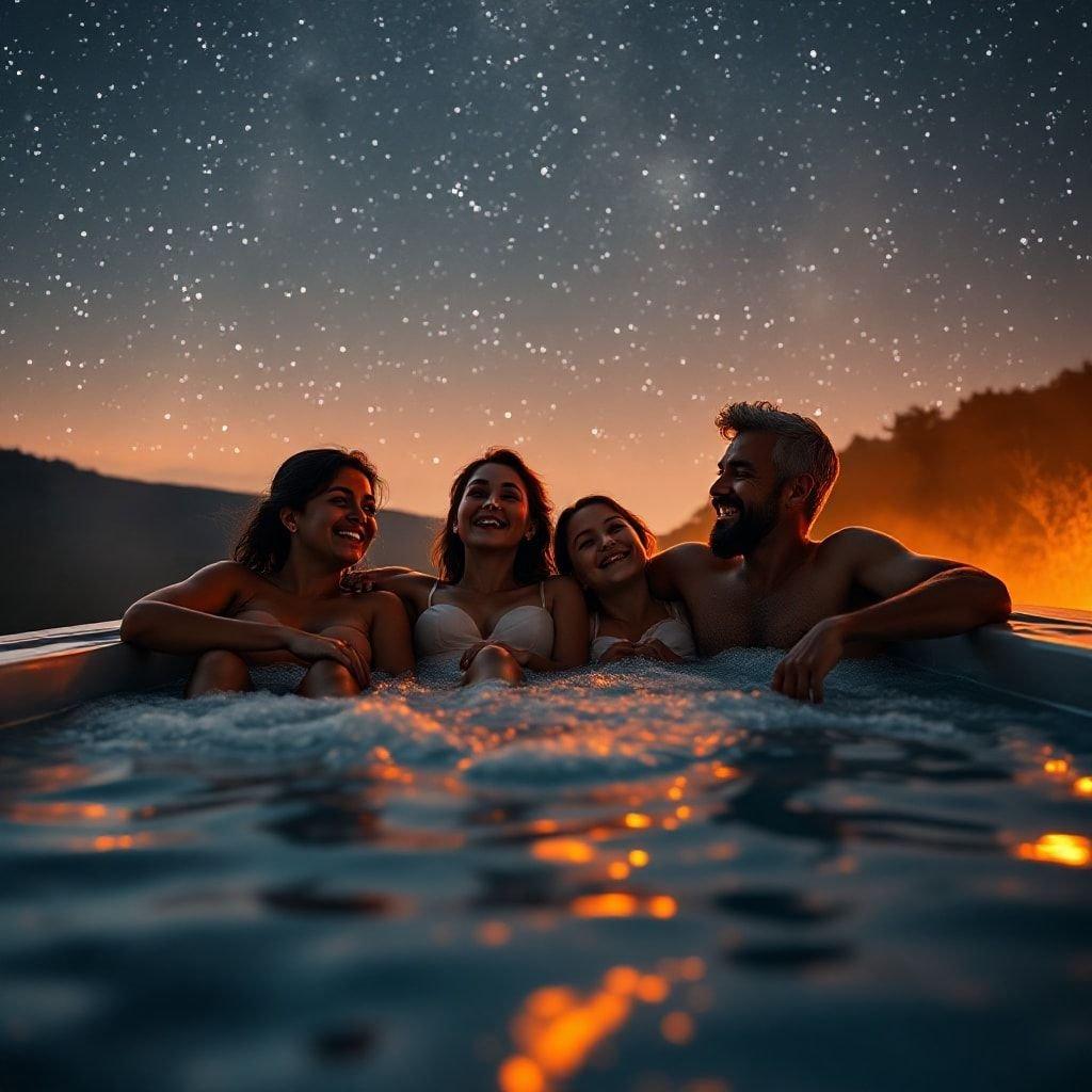 A serene nighttime scene with a family enjoying an outdoor tub soak, under the stars, with smiles on their faces.