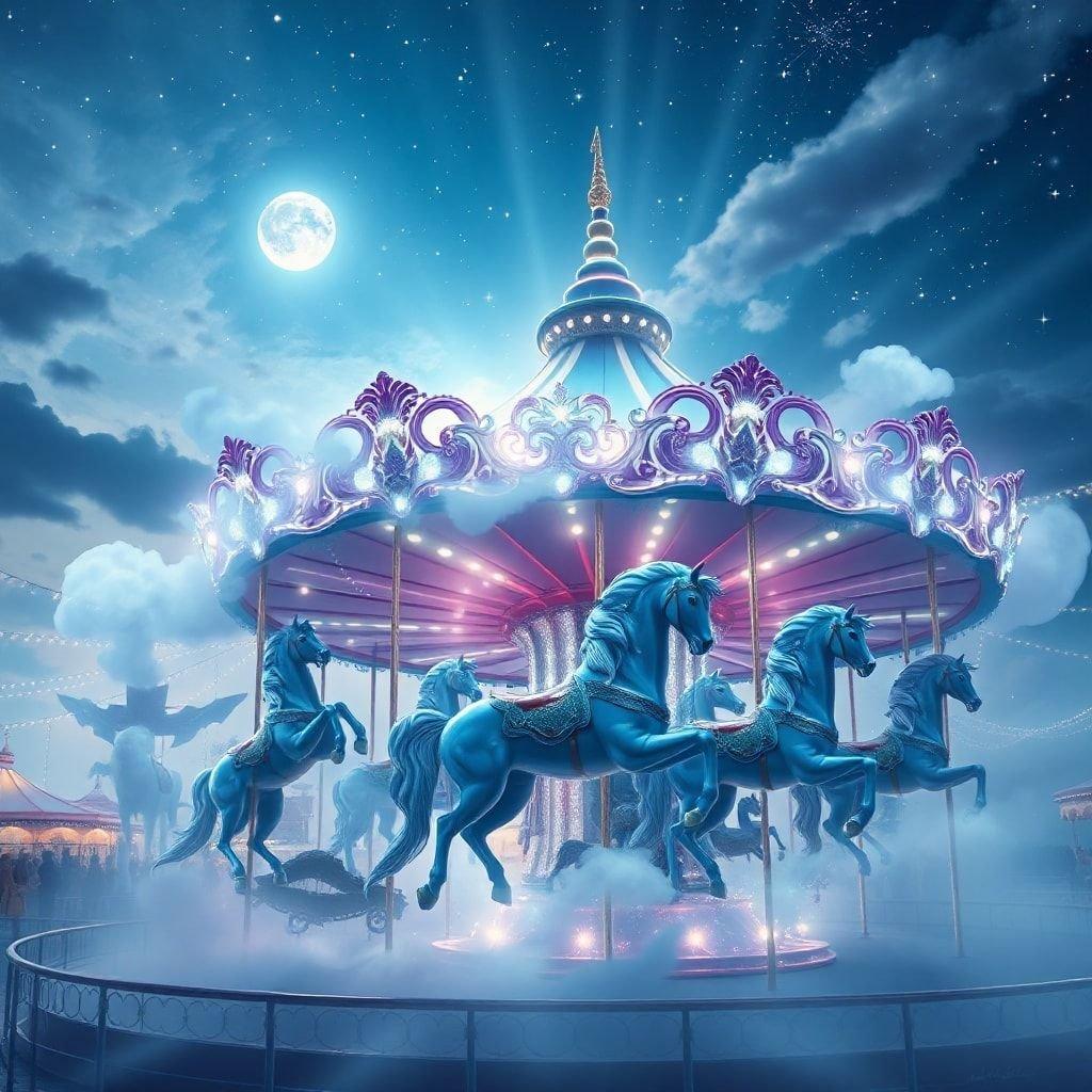 The night sky above the carousel illuminates with stars, casting a magical glow on the vibrant decorations. The horses are poised in motion, their manes and tails flowing as if caught by an unseen breeze.