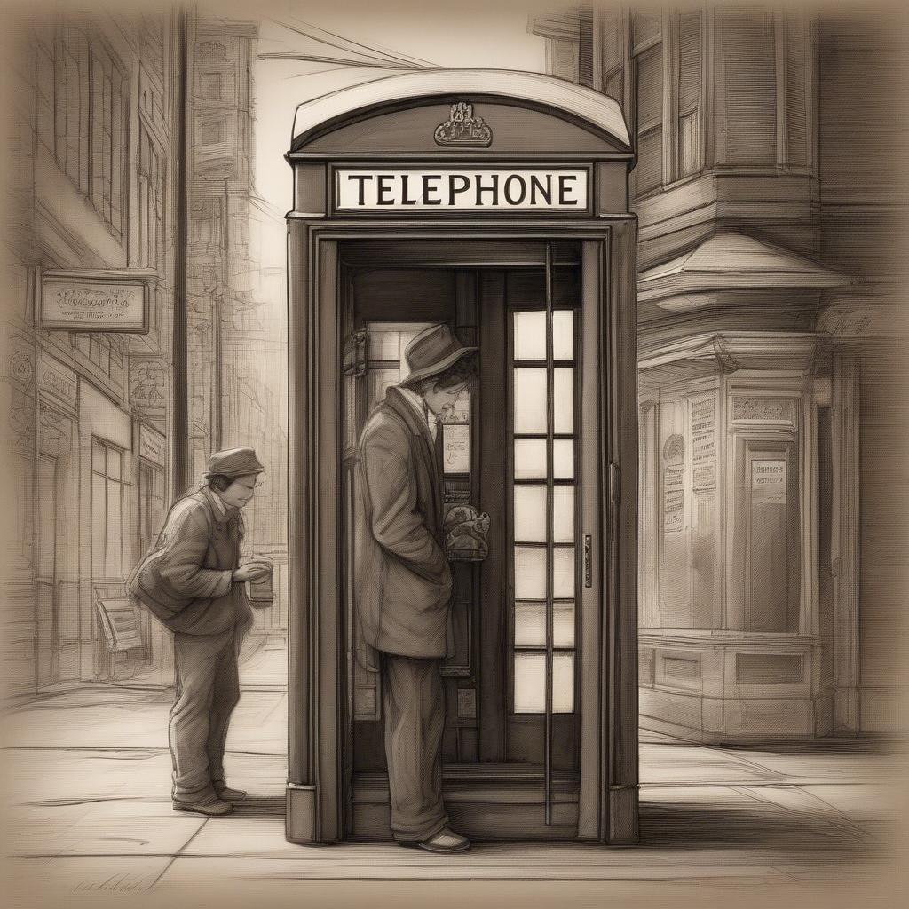 A nostalgic scene featuring an old-fashioned phone booth on a street, evoking the charm of British culture. A man is seen using the booth, with another man looking on from the background, adding to the storytelling aspect of this vintage wallpaper.