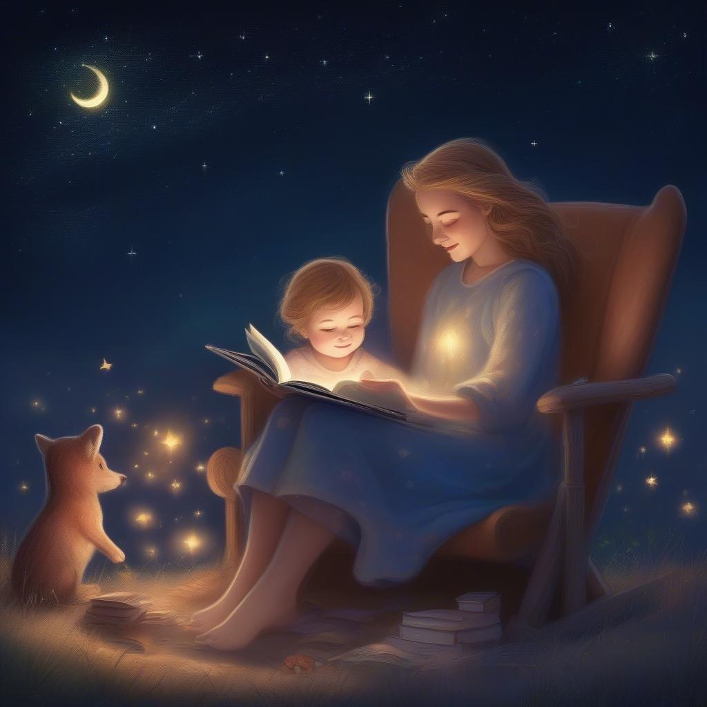 A tender moment shared between a mother and her child, enjoying the warmth of a story on a beautiful night. The soft glow of the moon and stars casts a gentle light over them as they sit together under the enchanting skies.