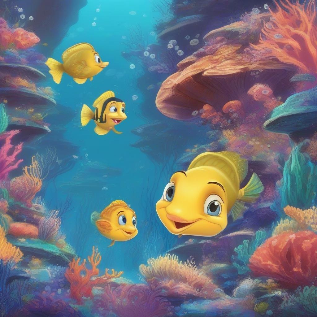 A magical scene from the beloved Disney-Pixar movie Finding Nemo featuring Marlin, Nemo, Dory and Crush. Swim into an underwater adventure with these charming characters.