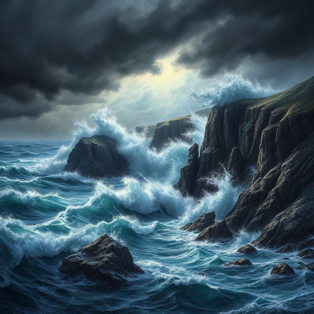 This stunning wallpaper captures the raw power of the ocean on a stormy day. The dark, foreboding sky and crashing waves create a sense of drama and intensity, making this image perfect for anyone who loves the sea.