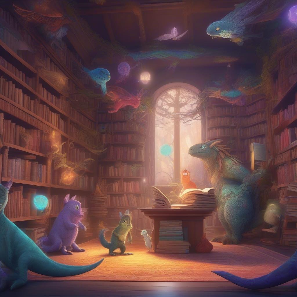 Step into a world of wonder and imagination with this captivating wallpaper featuring a fantastical library filled with creatures from your favorite cartoons.