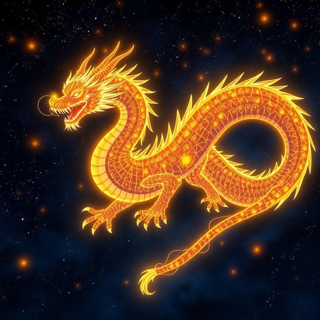 This stunning wallpaper features a majestic anime-style dragon set against a dark night sky, with intricate details and glowing yellow and orange constellations that add to its mystique.