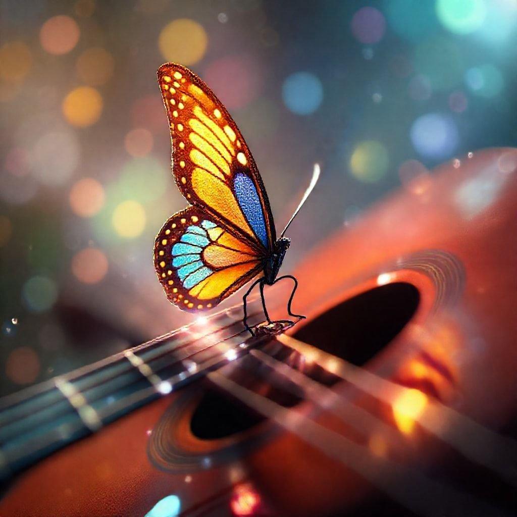 A vibrant, digital butterfly perched on the strings of an acoustic guitar, set against a backdrop of star-studded sparkles, evoking a sense of inspiration and creativity, perfect for setting the mood for musical endeavors.