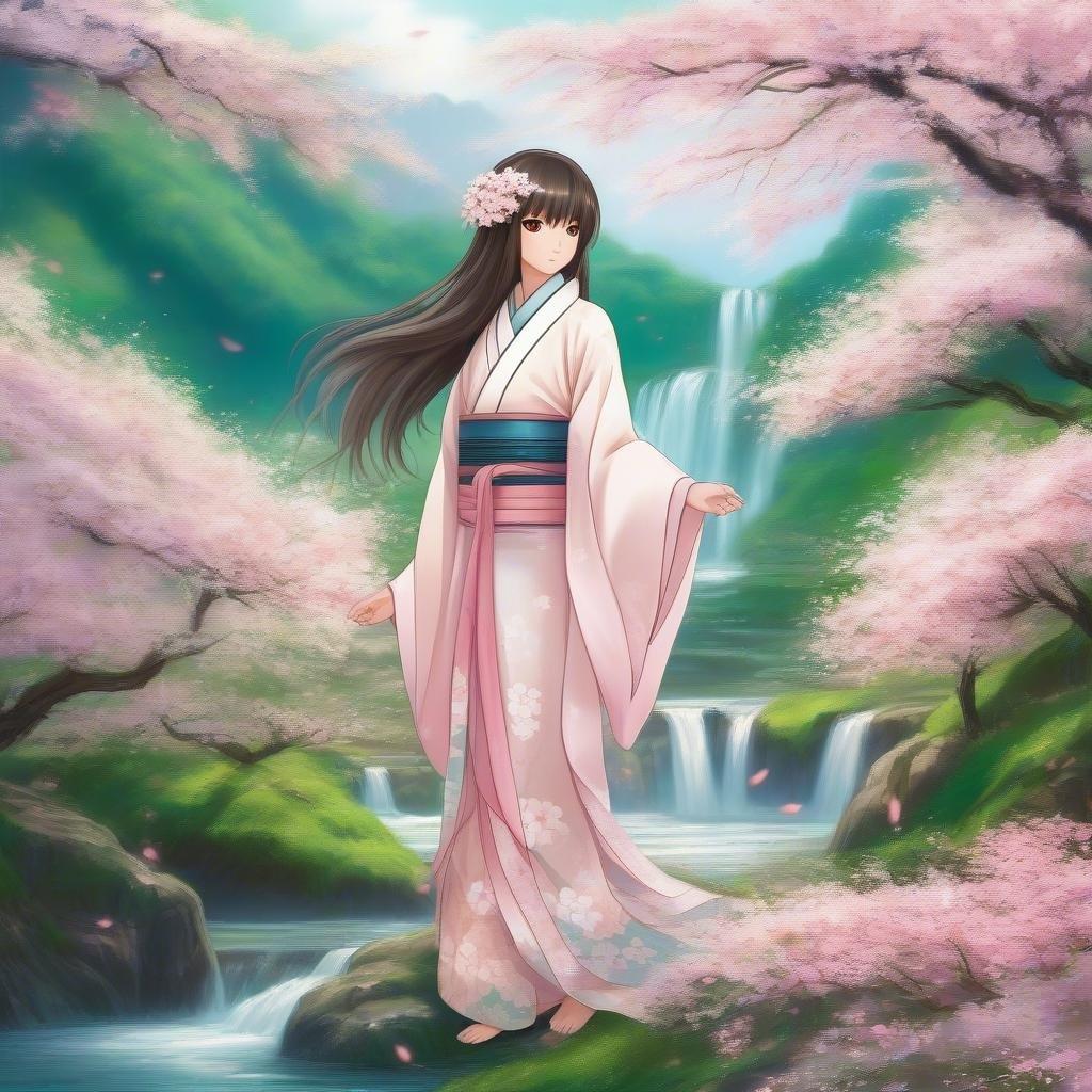 Dyk ned i den fortryllende verden af anime med dette fængslende baggrundsbillede, der viser en ung yurei-pige midt i et felt af blomstrende blomster. Hendes flydende hår og livlige kimono skaber et fantastisk visuelt indtryk, sat mod en sløret grøn og brun baggrund, der tilføjer dybde til scenen.