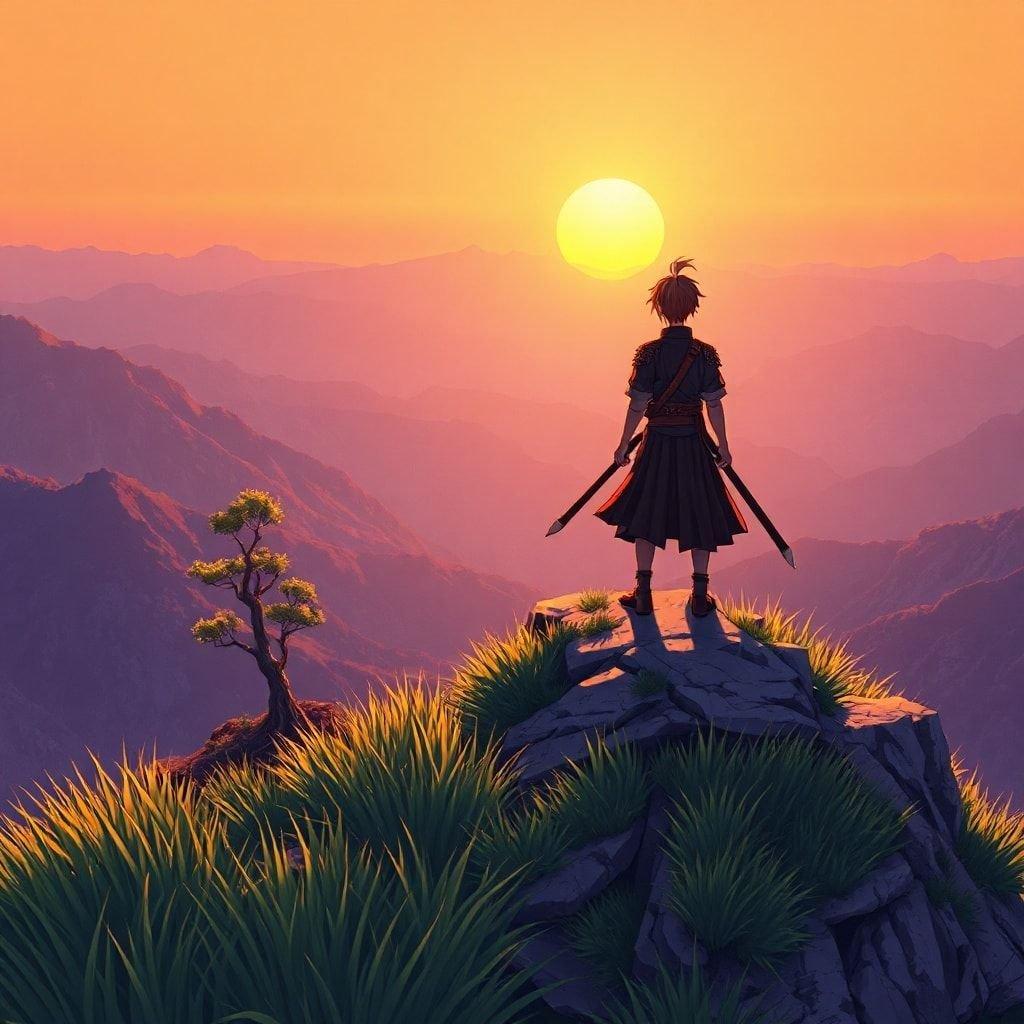 This anime-style wallpaper features a young samurai standing on a mountain peak, gazing out at the breathtaking sunset. The warm glow of the setting sun casts a serene atmosphere, with the samurai's silhouette standing out against the vibrant colors of the sky.