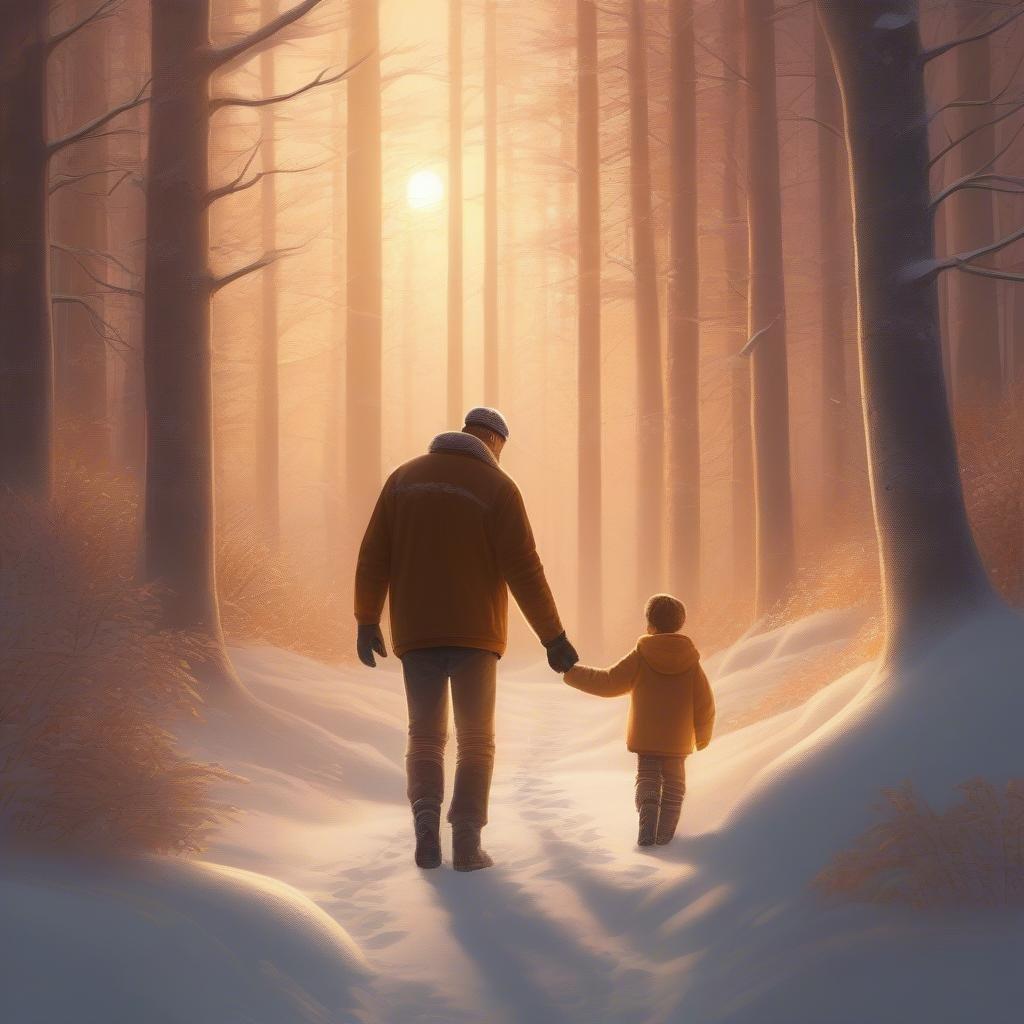 Enjoy a tranquil walk through the snowy forest with your child on this special day. The father and son share a tender moment as they stroll down the trail together under the soft glow of sunlight filtering through the trees. A picture-perfect scene for Father's Day celebrations, evoking feelings of warmth, togetherness, and love.