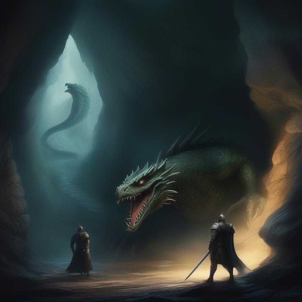 A dramatic fantasy scene featuring a large green dragon and two brave warriors preparing for battle.