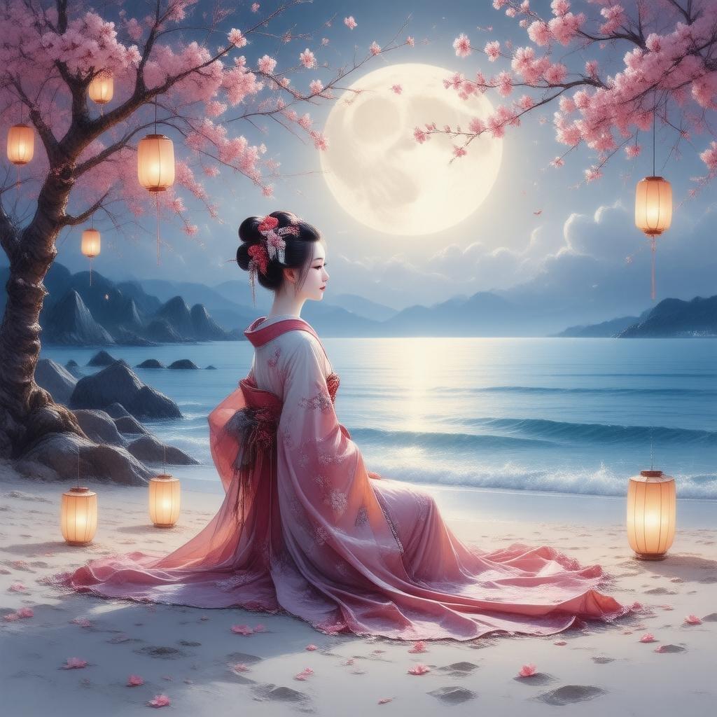 Immerse yourself in the serene beauty of a geisha sitting on a moonlit beach, surrounded by delicate lanterns and cherry blossom trees. The peaceful scene captures a tranquil moment in nature, with the geisha's serene expression and the soft glow of pink flowers adding a whimsical touch.