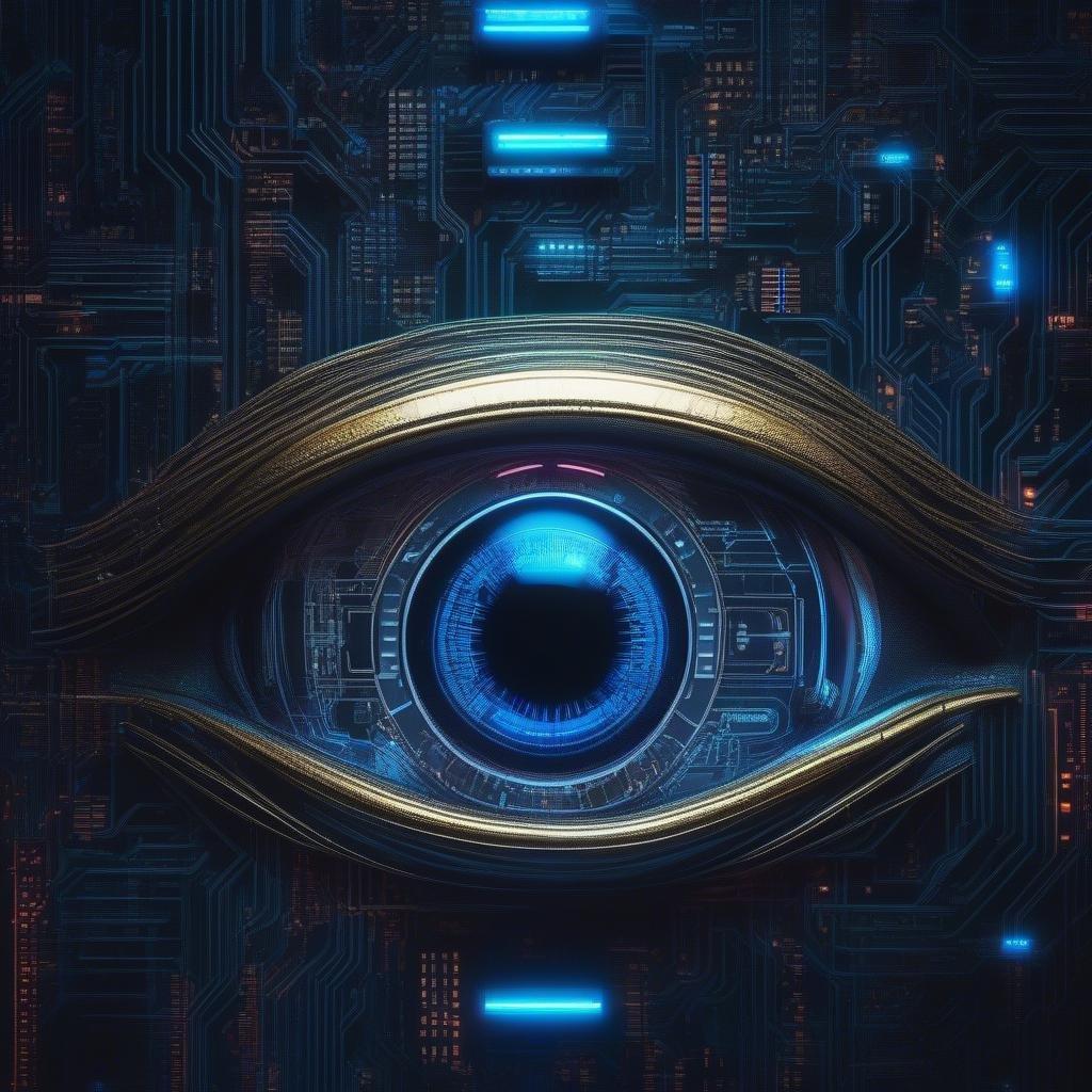 A futuristic, cyberpunk-themed wallpaper featuring an eye with advanced technology integrated into it, set against a vibrant neon backdrop.