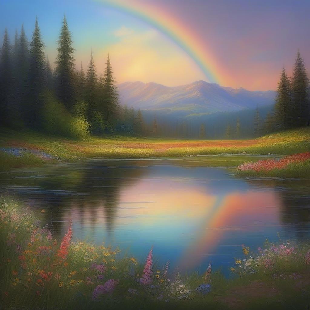 A vibrant rainbow arching through the sky above a tranquil mountain lake, surrounded by lush greenery and majestic pines.