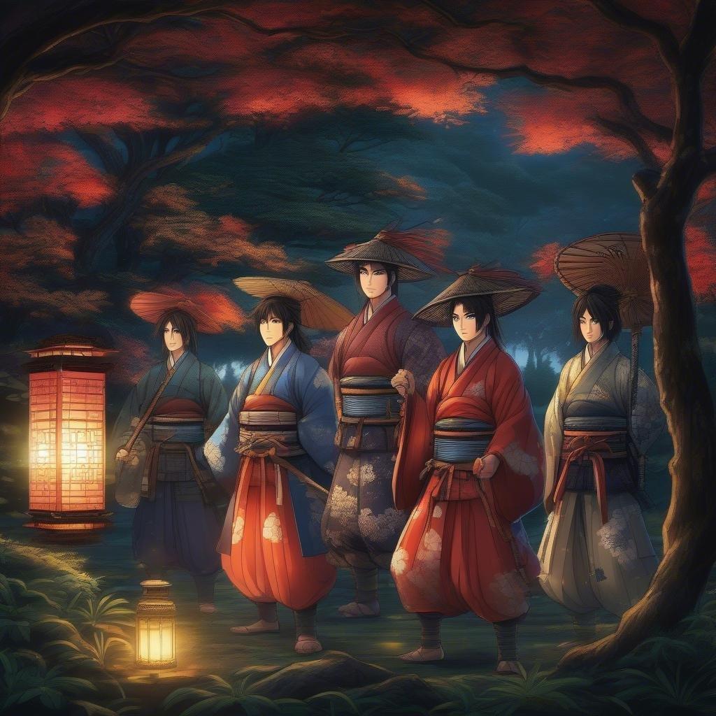 Immerse yourself in the serene beauty of this anime wallpaper, where a group of samurai warriors stand out against the dark forest backdrop, illuminated by the soft glow of a lantern.