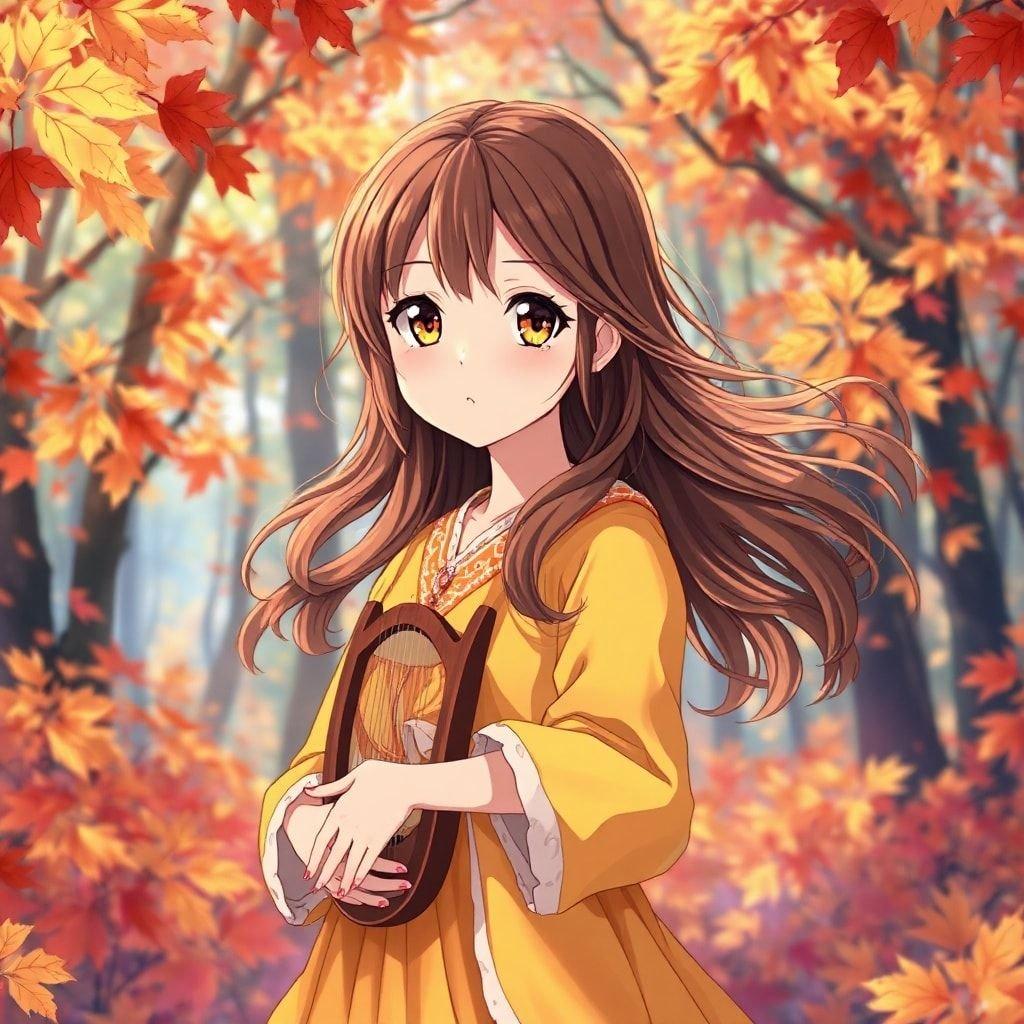 Questa carta da parati presenta una giovane ragazza anime in piedi in una foresta di foglie autunnali, che tiene una lira e guarda direttamente l'osservatore. I suoi lunghi capelli castani aggiungono movimento alla scena, mentre lo sfondo colorato della foresta cattura un momento di tranquillità.