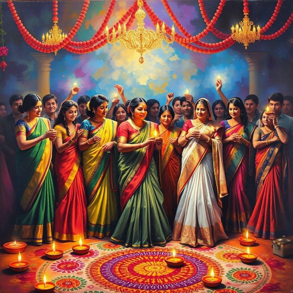 A joyous celebration of the Festival of Lights, with friends and family gathered to share in the festivities. Colorful rangoli decorations adorn the floor, and lamps illuminate the room as they offer their prayers.