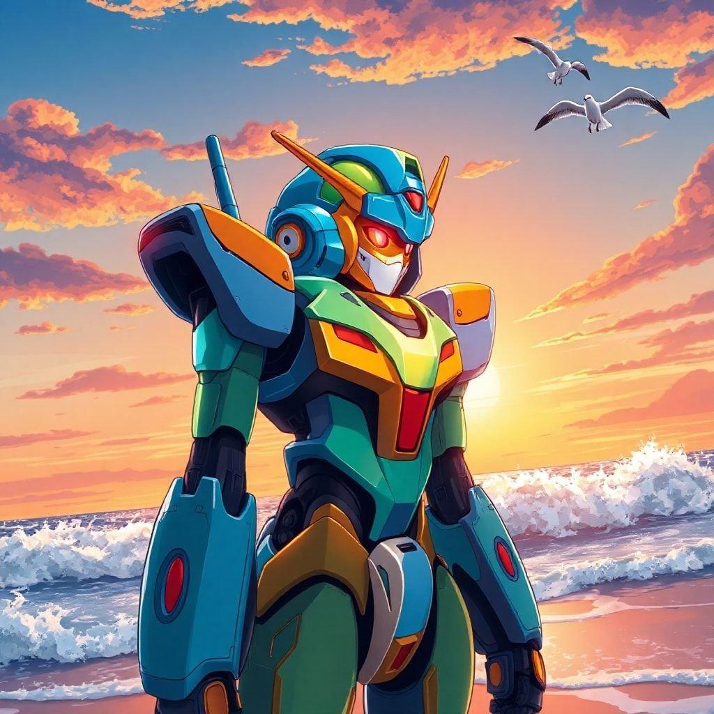 This anime illustration captures a futuristic robot standing on a beach at sunset, with its body showcasing a blend of blue, green, and orange hues. The robot's head is a bright yellow, featuring a glowing red eye, a blue helmet, and a red-orange headpiece. The ocean waves crash against the shore, creating a sense of motion, while two seagulls fly in the sky, adding a whimsical touch to this serene scene.